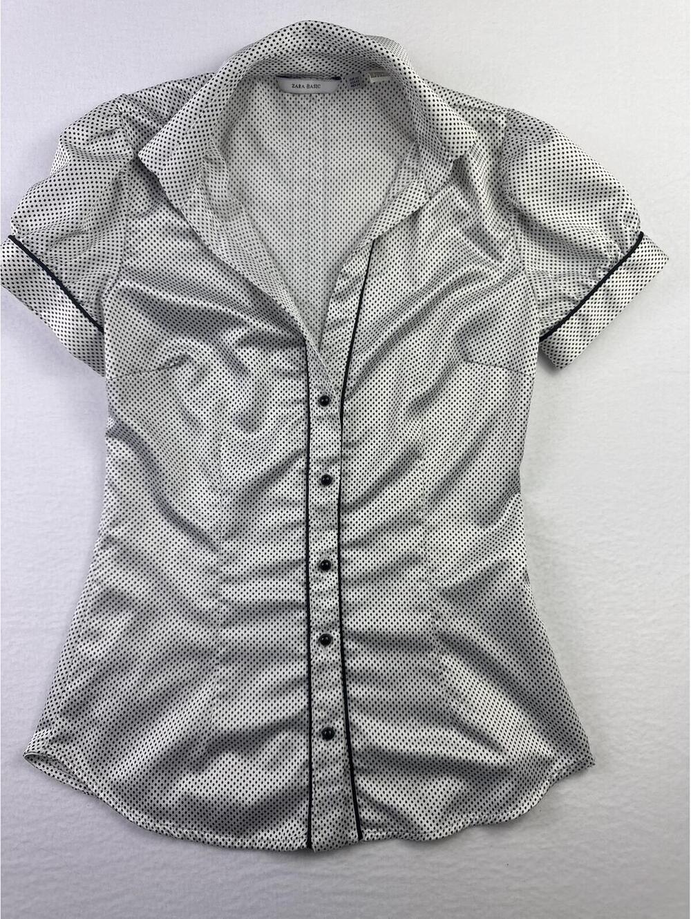 Zara Basic Silver Polka Dot Short Sleeve Button Front Blouse Shirt XS